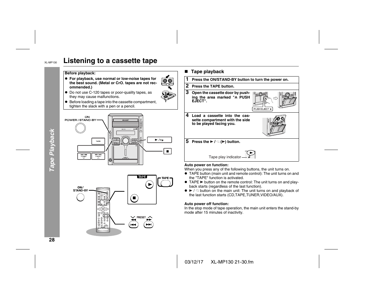 Listening to a cassette tape, Tape playback | Sharp XL-MP130 User Manual | Page 28 / 42