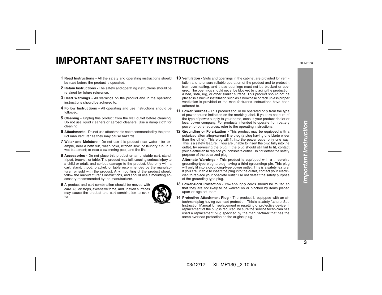 Important safety instructions, Important instruction | Sharp XL-MP130 User Manual | Page 3 / 42