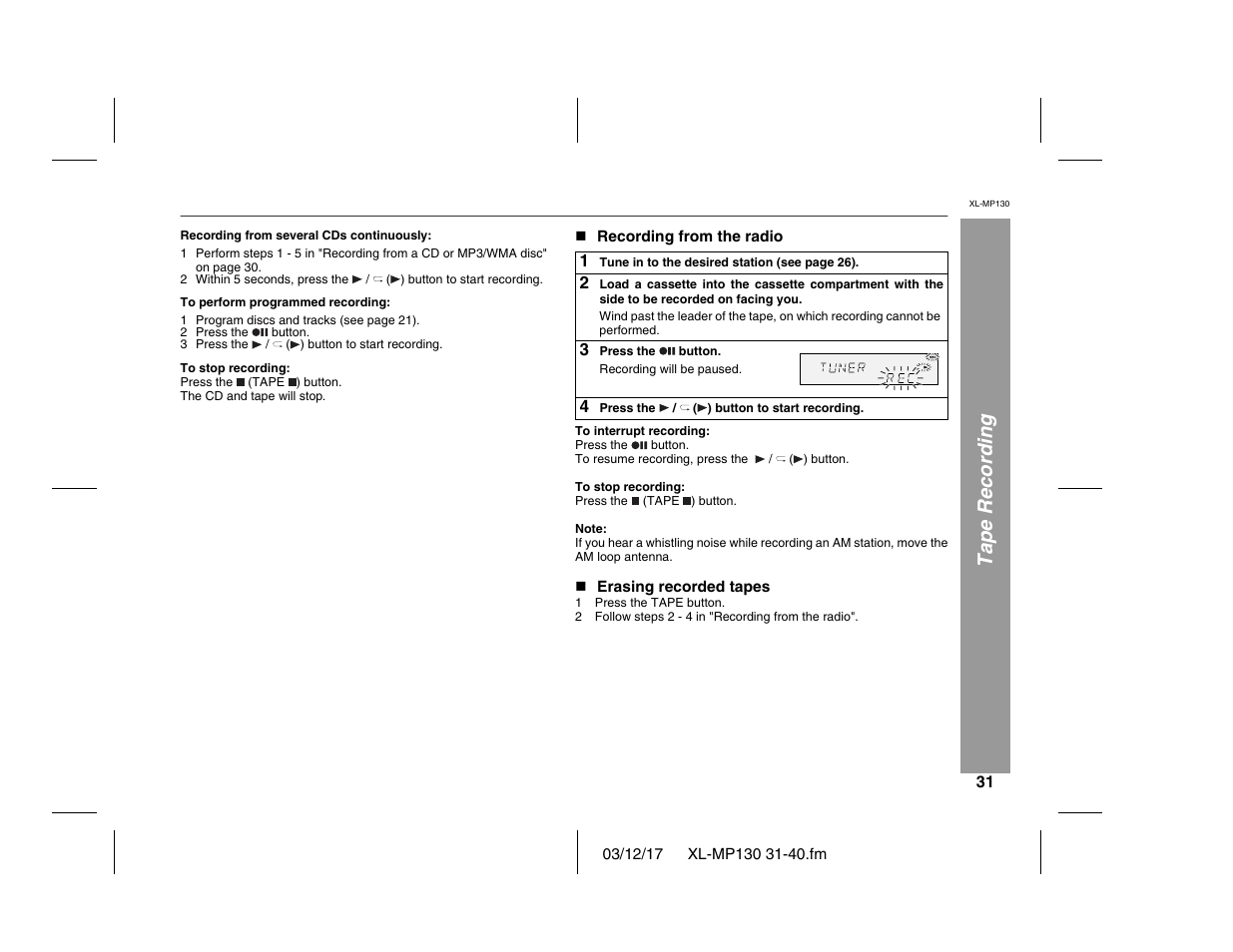 Tape recording | Sharp XL-MP130 User Manual | Page 31 / 42