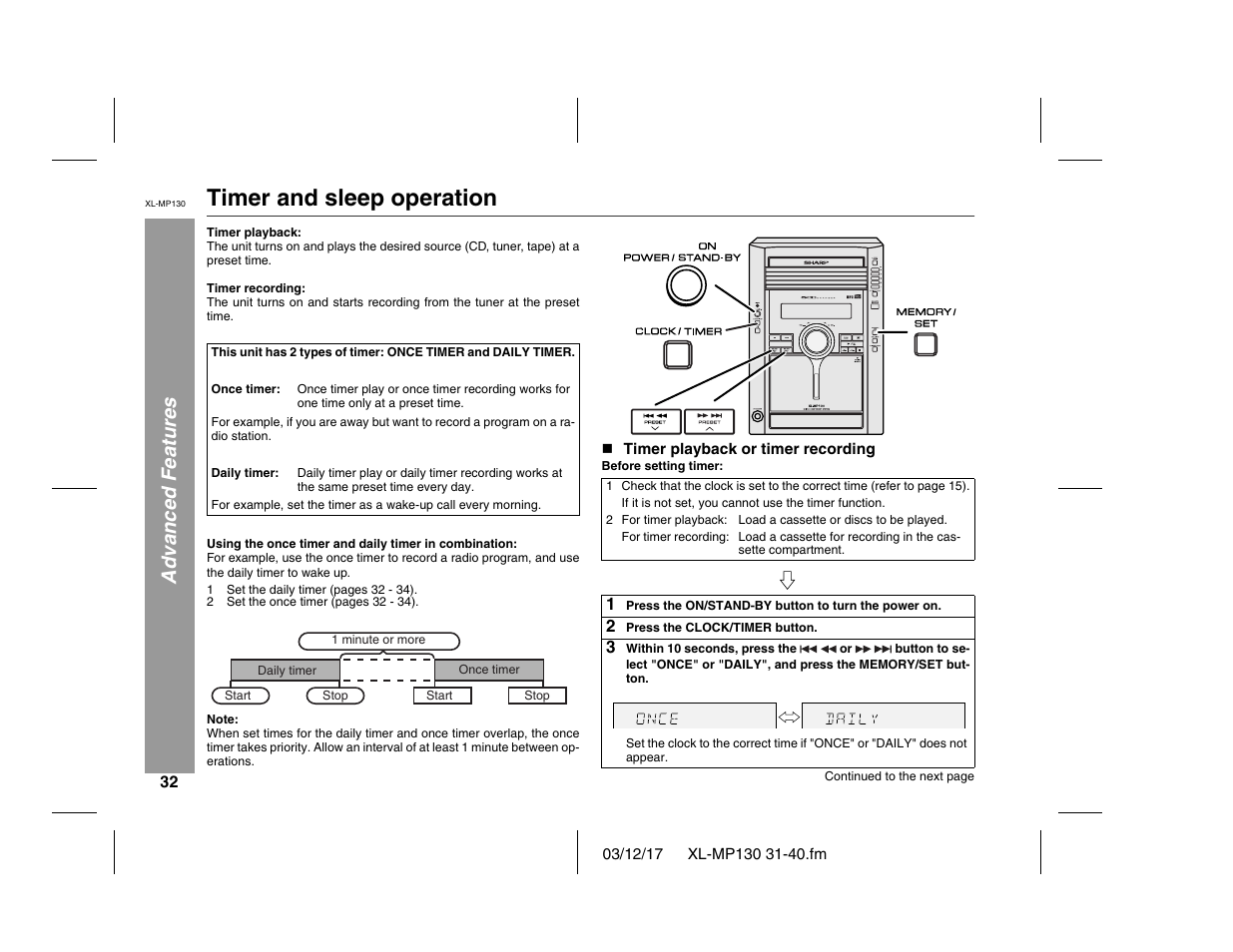 Timer and sleep operation, Advanced features | Sharp XL-MP130 User Manual | Page 32 / 42