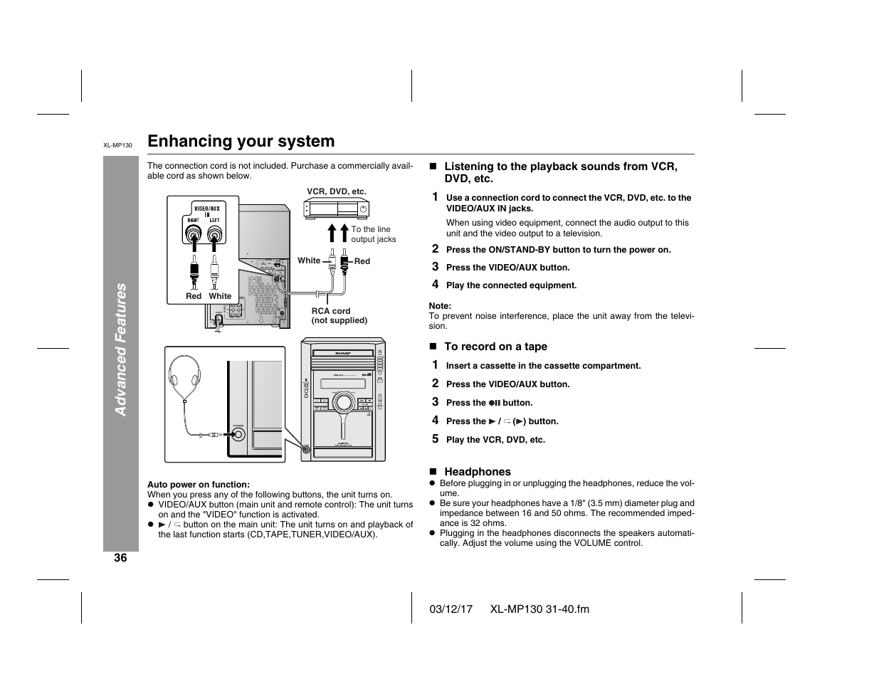 Enhancing your system, Advanced features | Sharp XL-MP130 User Manual | Page 36 / 42