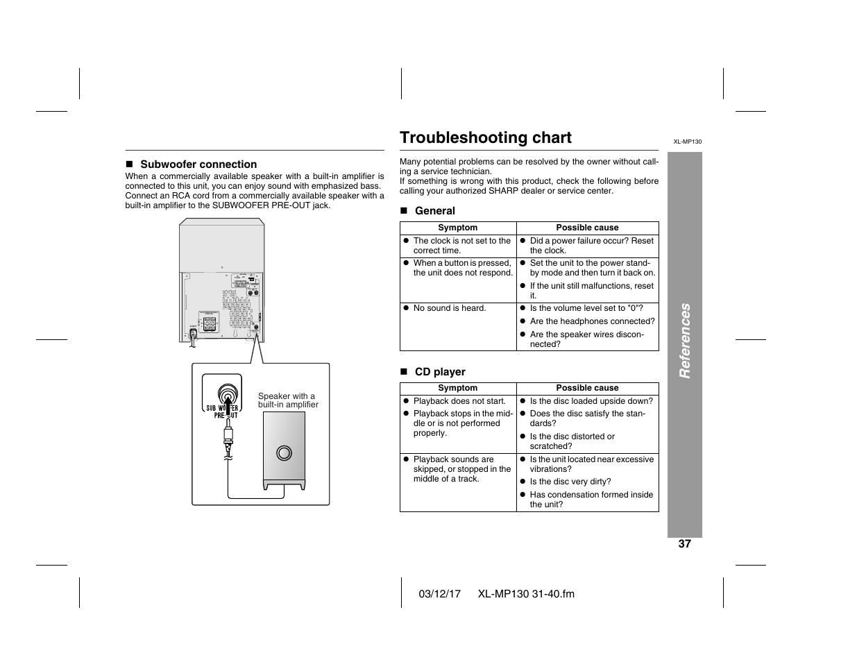 Troubleshooting chart, References, Rated speaker impedance: 6 ohms min | Right, Right left gnd fm 75 ohms am loop, Subwoofer pre-out, Left | Sharp XL-MP130 User Manual | Page 37 / 42