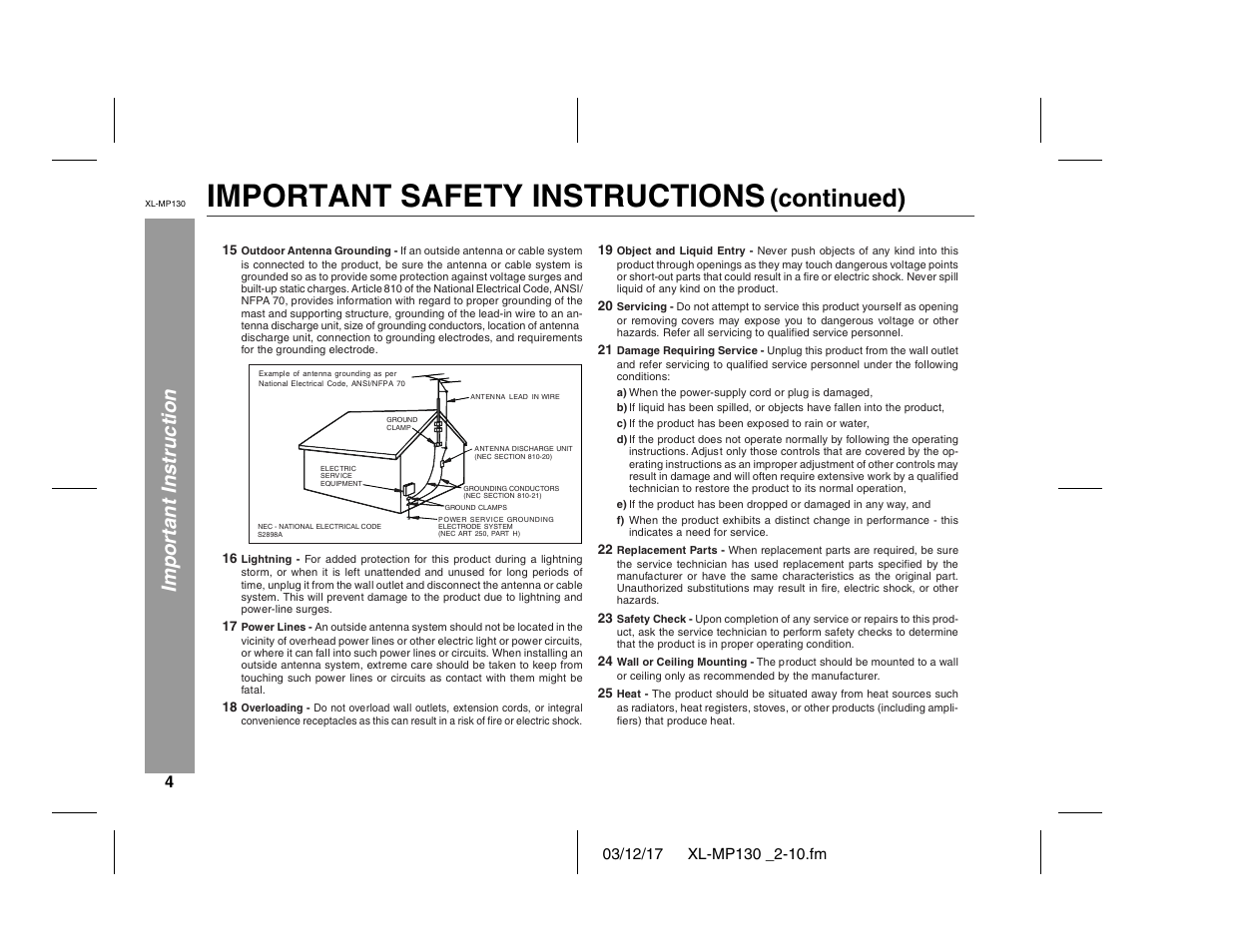 Important safety instructions, Continued), Important instruction | Sharp XL-MP130 User Manual | Page 4 / 42