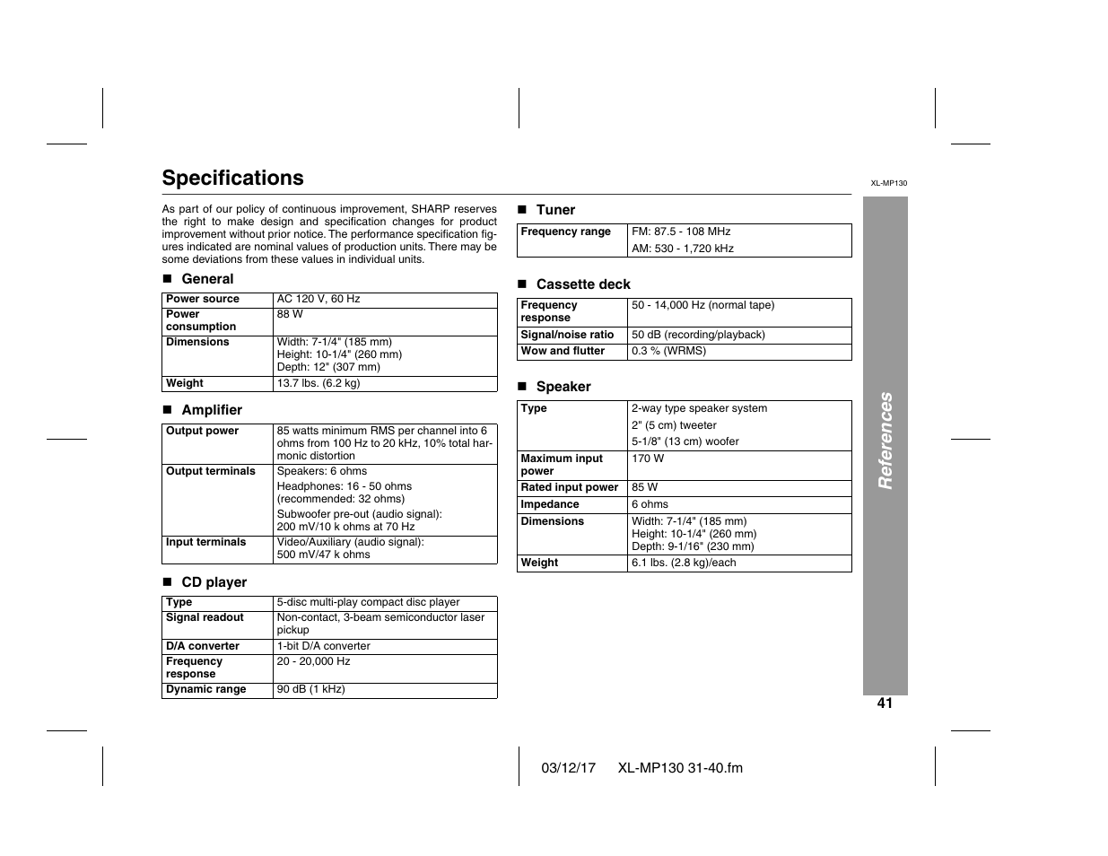 Specifications, References | Sharp XL-MP130 User Manual | Page 41 / 42