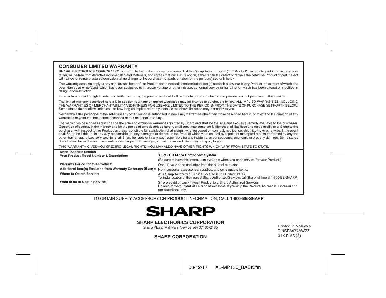 Sharp XL-MP130 User Manual | Page 42 / 42