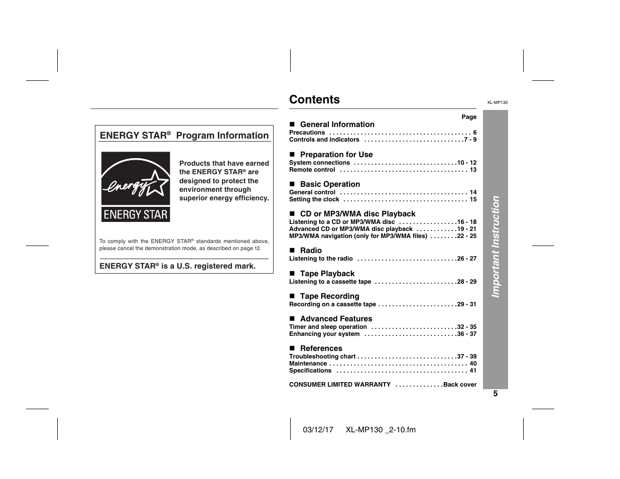 Sharp XL-MP130 User Manual | Page 5 / 42