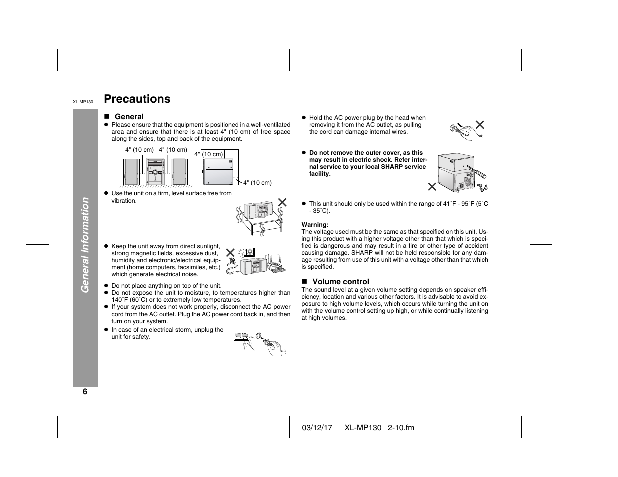 Precautions, General information, Micro component system xl-mp130 cd power | Sharp XL-MP130 User Manual | Page 6 / 42