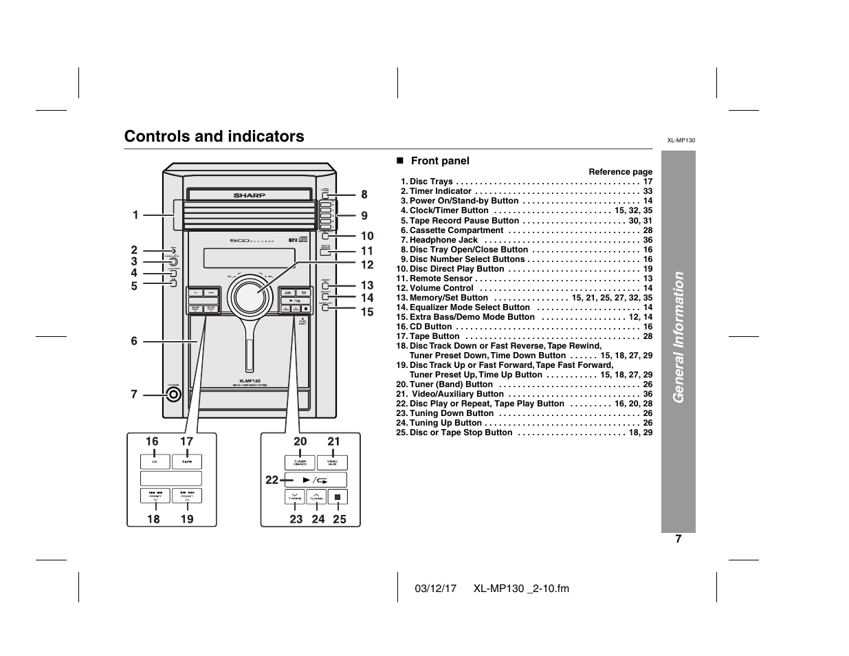 Controls and indicators, General information | Sharp XL-MP130 User Manual | Page 7 / 42