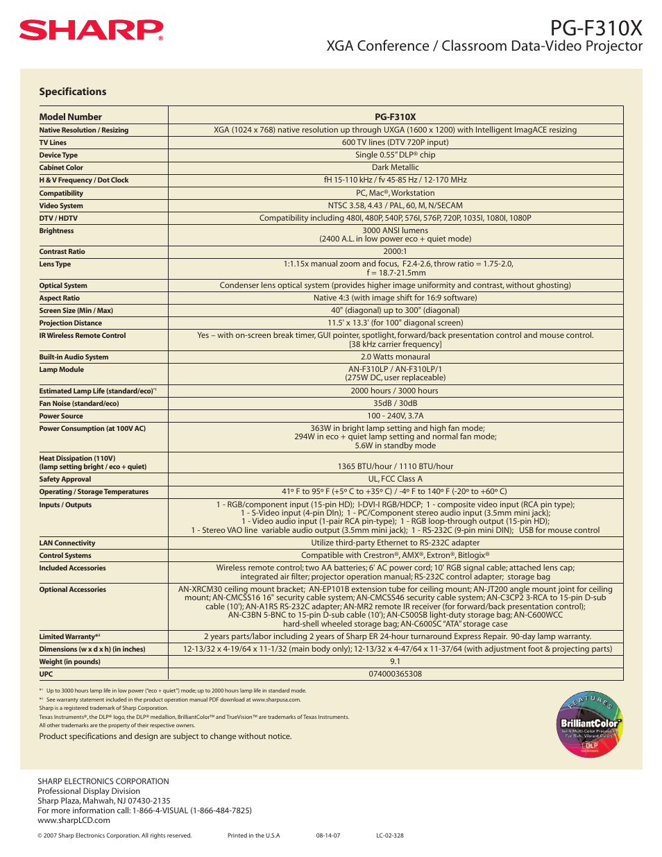 Pg-f310x, Xga conference / classroom data-video projector, Specifications | Sharp Notevision PG-F310X User Manual | Page 2 / 2