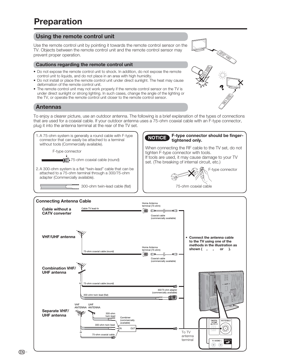 Preparation, Using the remote control unit, Antennas | Cautions regarding the remote control unit, Notice | Sharp Aquos LC 46D62U User Manual | Page 13 / 56