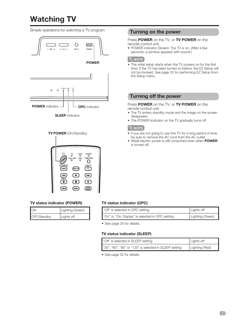 Watching tv, Turning on the power, Turning off the power | Sharp Aquos LC 46D62U User Manual | Page 16 / 56