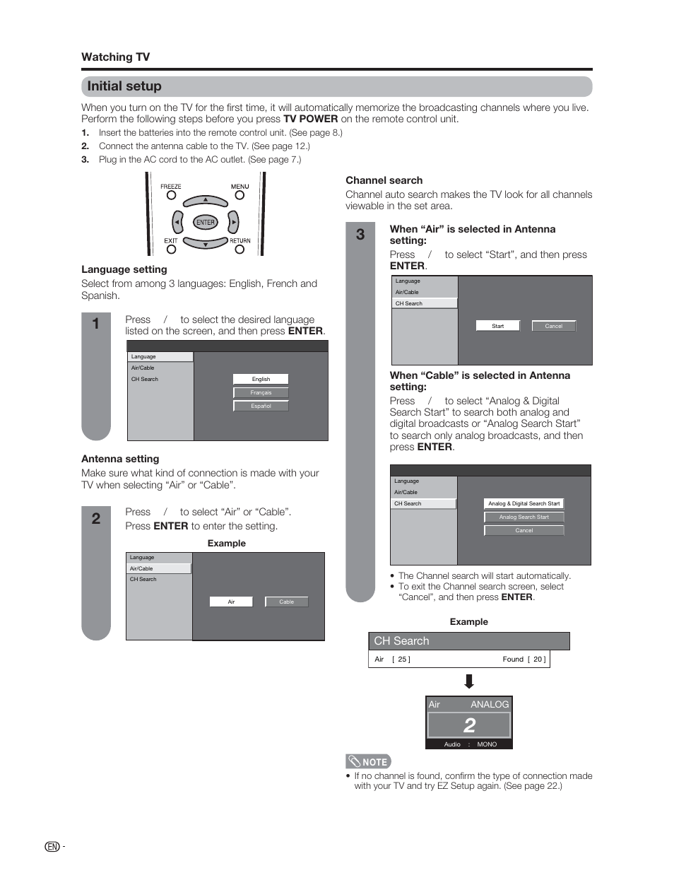 Initial setup, Ch search, Watching tv | Sharp Aquos LC 46D62U User Manual | Page 17 / 56