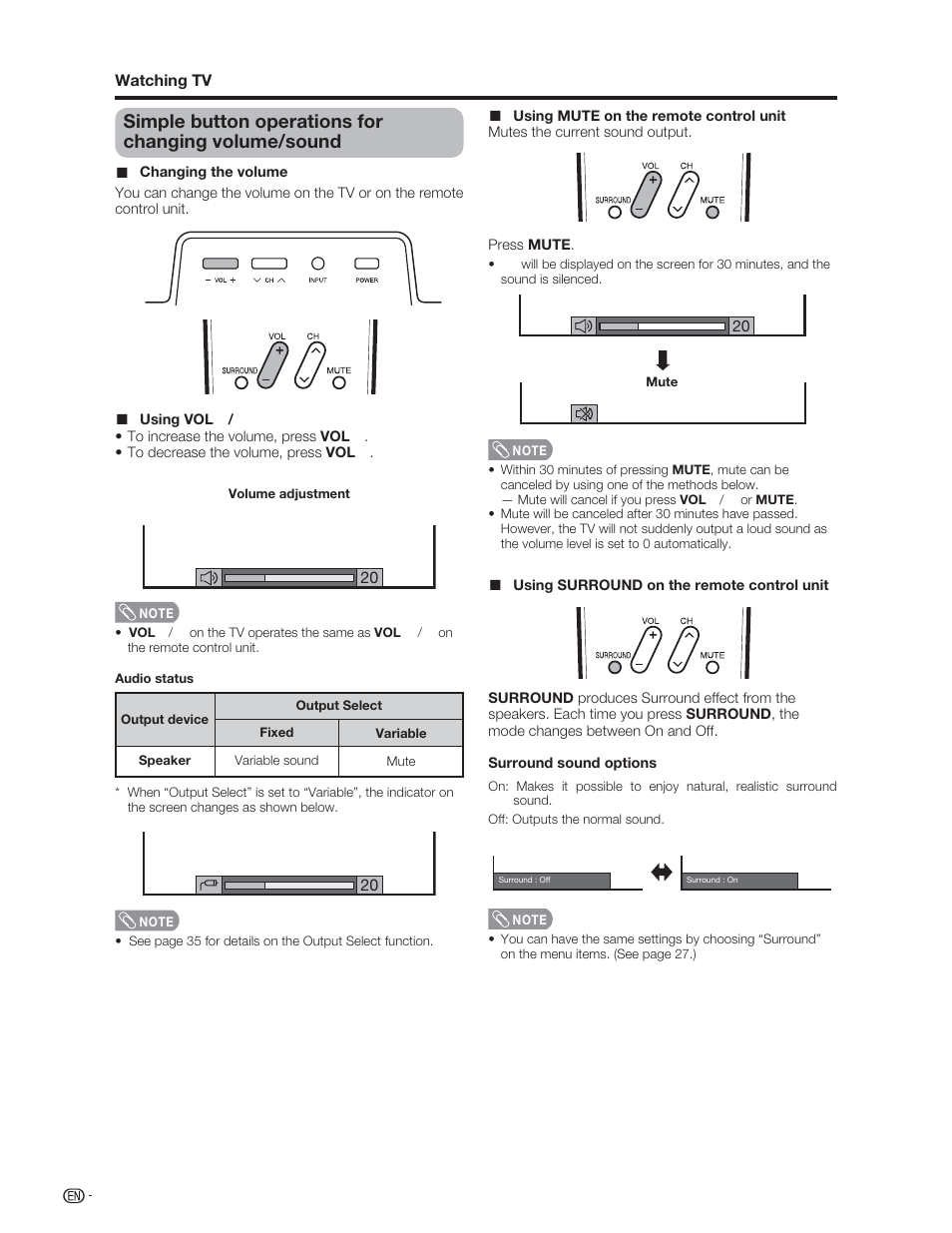 Simple button operations for changing volume/sound | Sharp Aquos LC 46D62U User Manual | Page 19 / 56