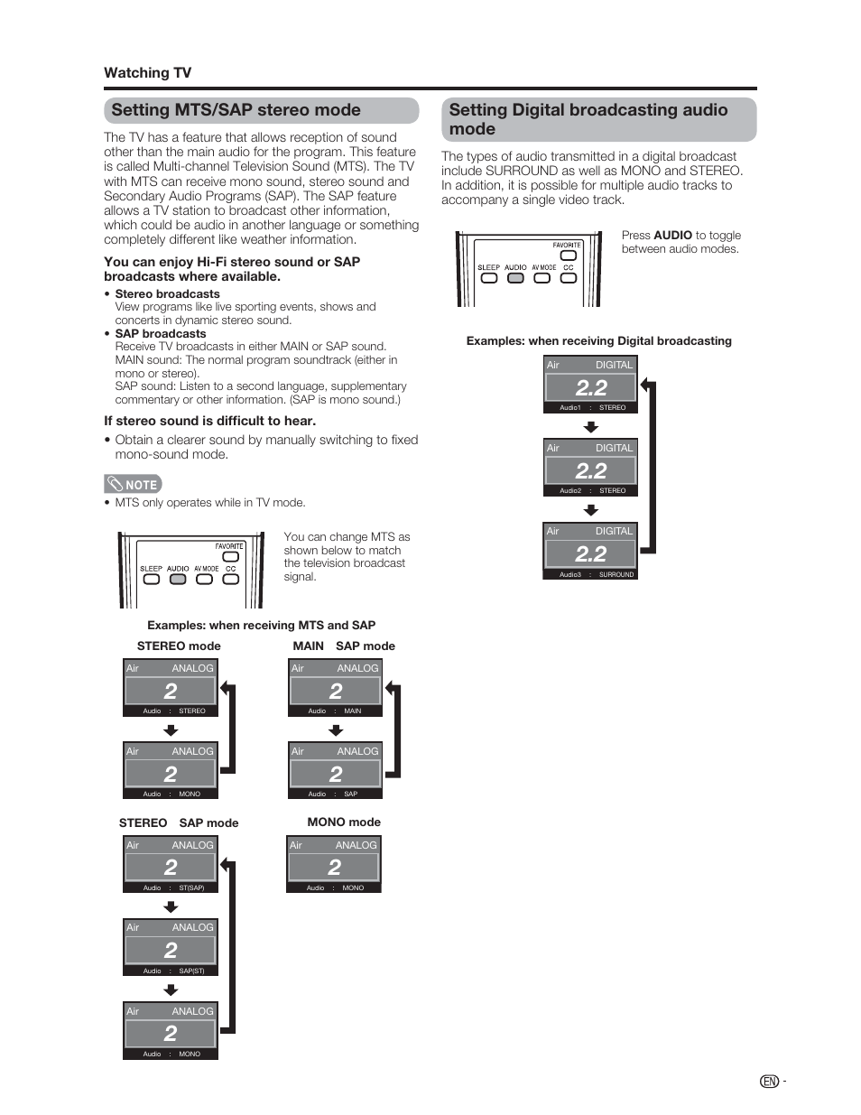 Setting mts/sap stereo mode, Setting digital broadcasting audio mode, Watching tv | Sharp Aquos LC 46D62U User Manual | Page 20 / 56