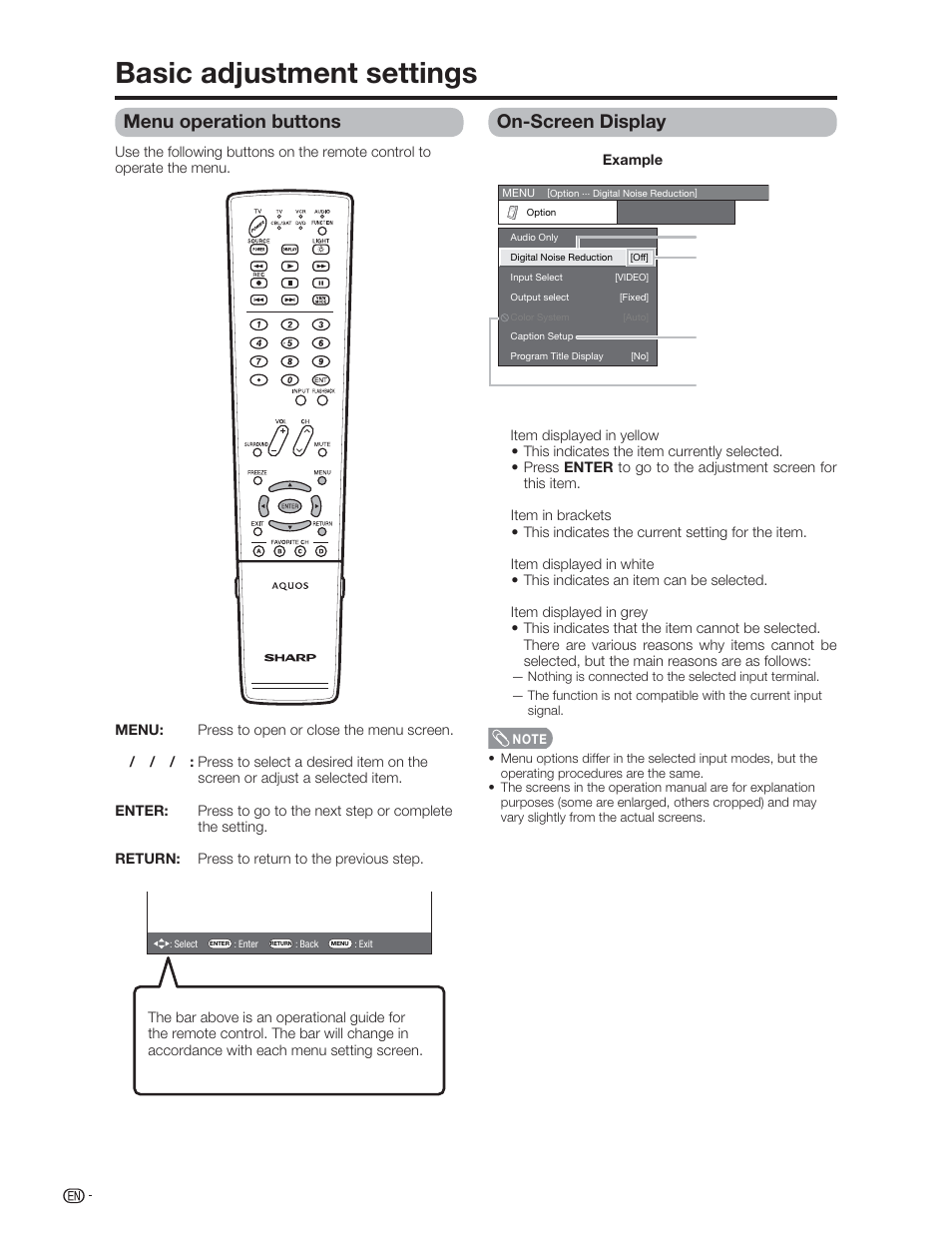 Basic adjustment settings, On-screen display, Menu operation buttons | Sharp Aquos LC 46D62U User Manual | Page 21 / 56