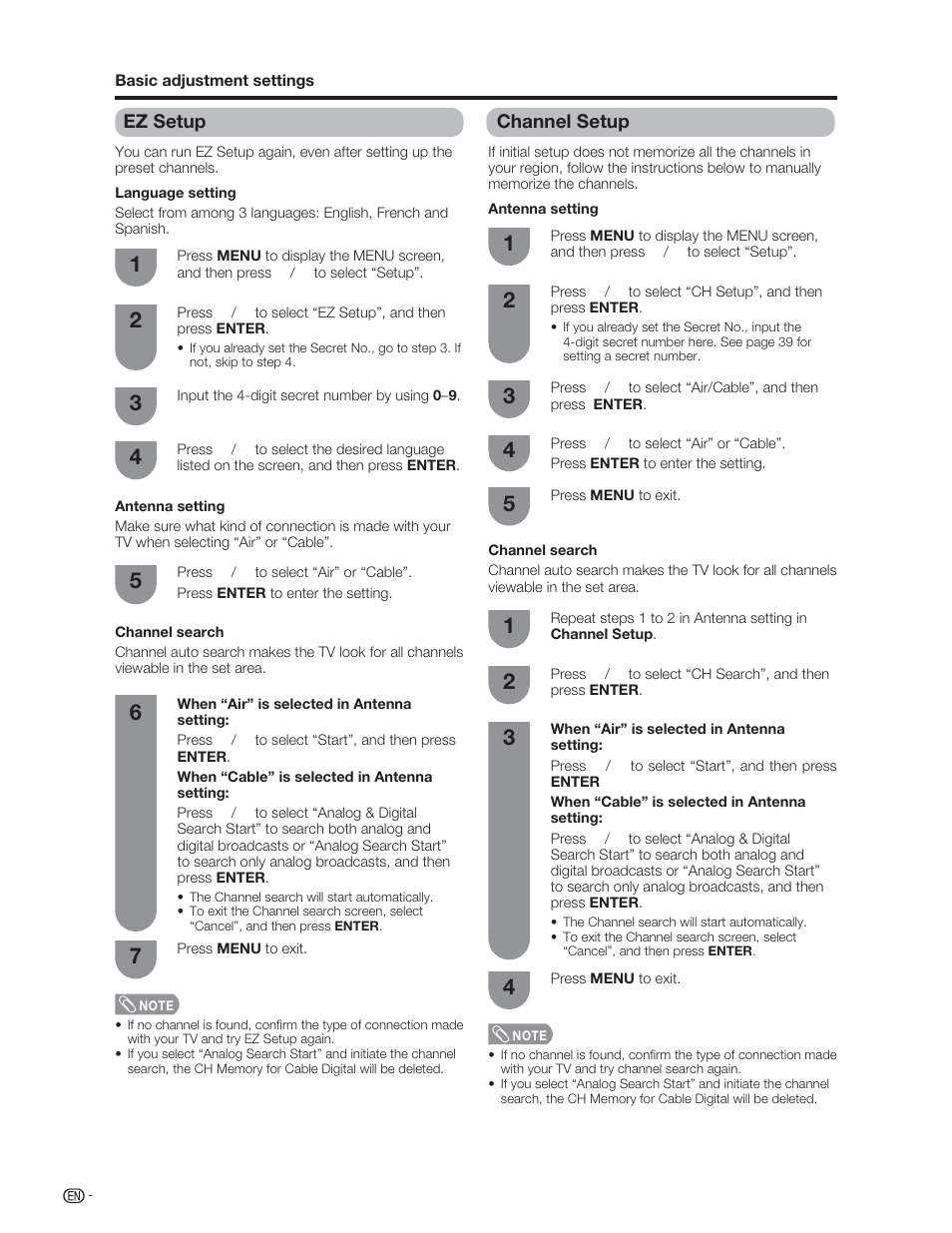 Ez setup, Channel setup | Sharp Aquos LC 46D62U User Manual | Page 23 / 56