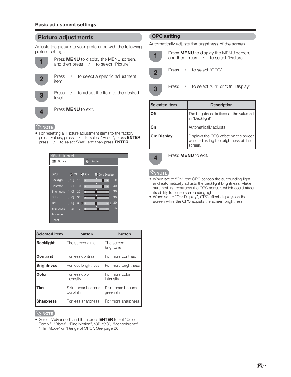 Picture adjustments | Sharp Aquos LC 46D62U User Manual | Page 26 / 56