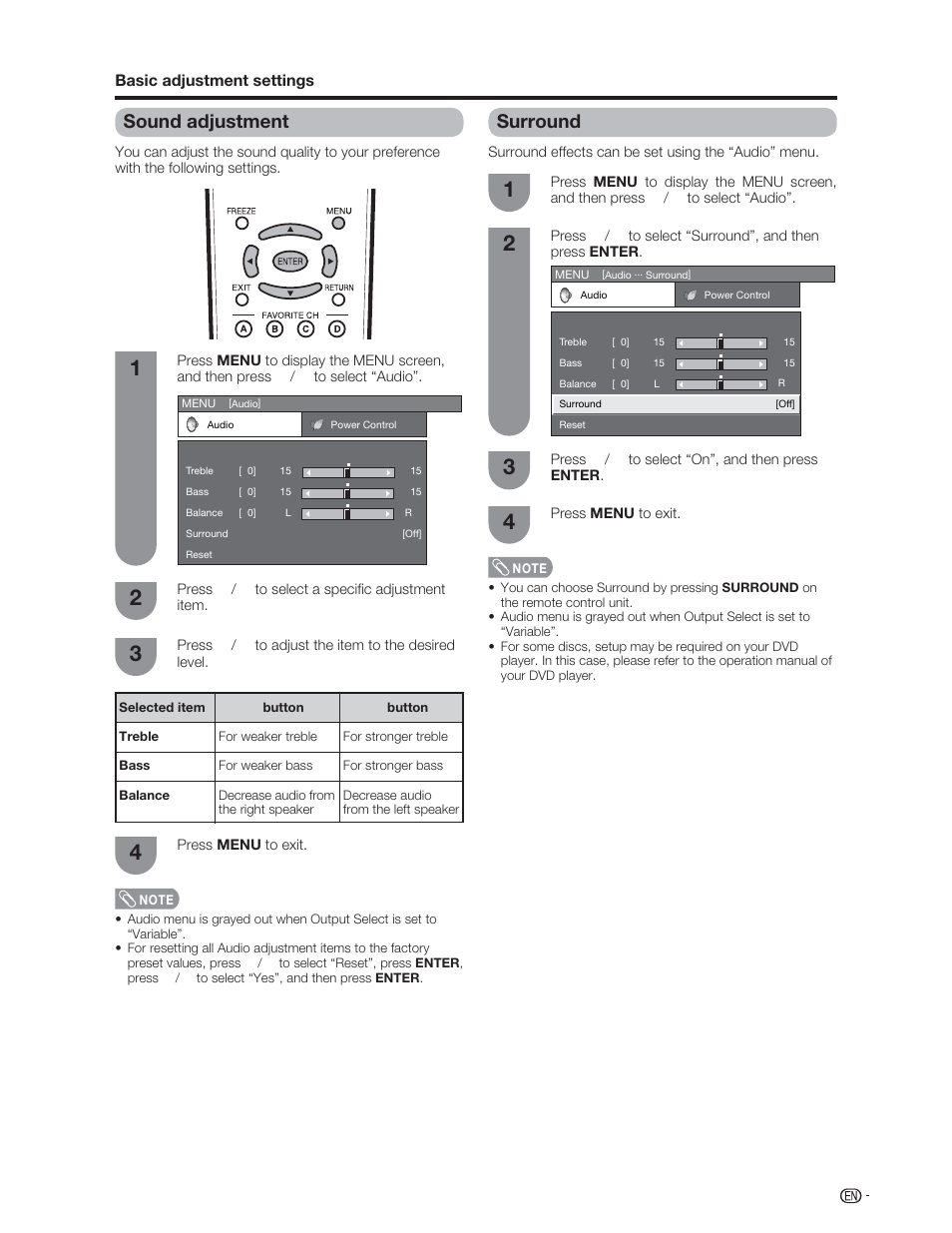 Sound adjustment, Surround | Sharp Aquos LC 46D62U User Manual | Page 28 / 56