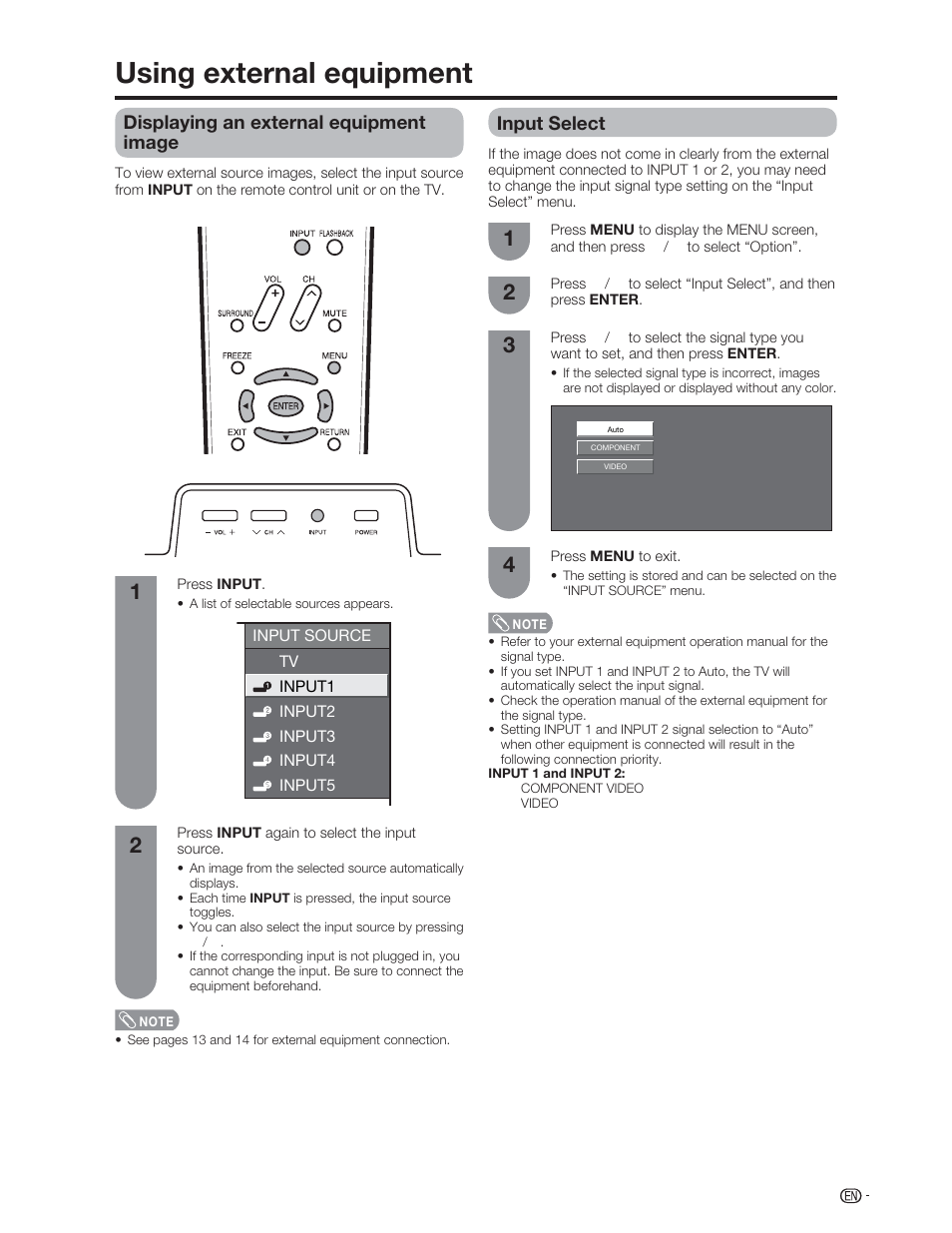 Using external equipment, Displaying an external equipment image, Input select | Sharp Aquos LC 46D62U User Manual | Page 30 / 56