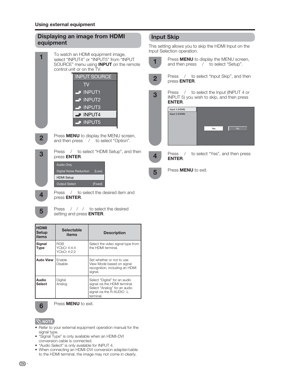 Displaying an image from hdmi equipment, Input skip | Sharp Aquos LC 46D62U User Manual | Page 31 / 56