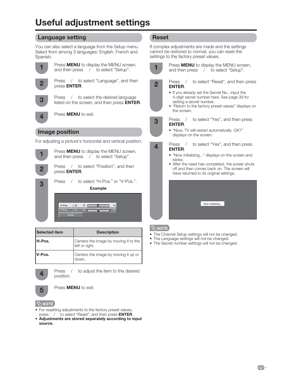 Useful adjustment settings, Language setting, Reset | Image position | Sharp Aquos LC 46D62U User Manual | Page 32 / 56