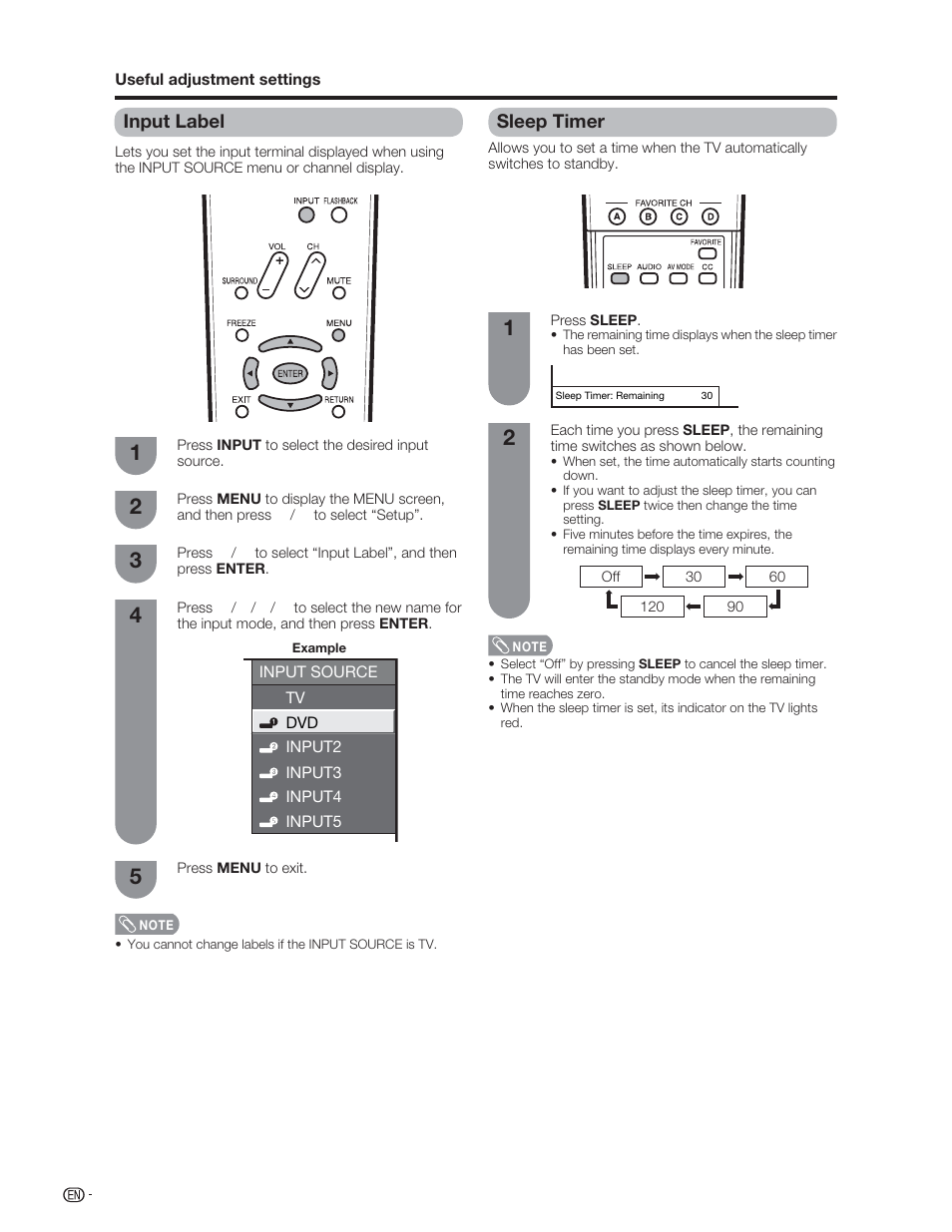 Sleep timer, Input label | Sharp Aquos LC 46D62U User Manual | Page 33 / 56
