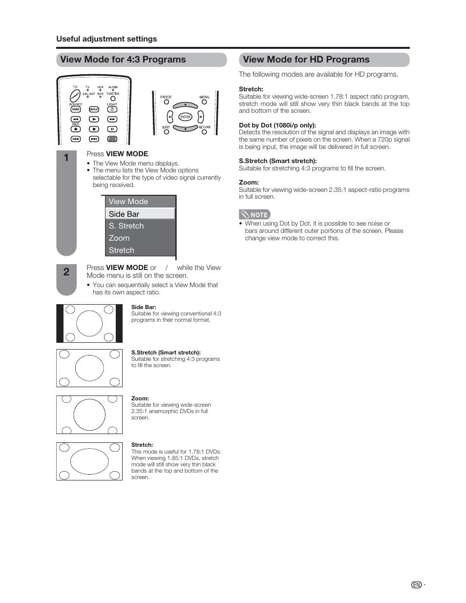 View mode for 4:3 programs, View mode for hd programs | Sharp Aquos LC 46D62U User Manual | Page 34 / 56