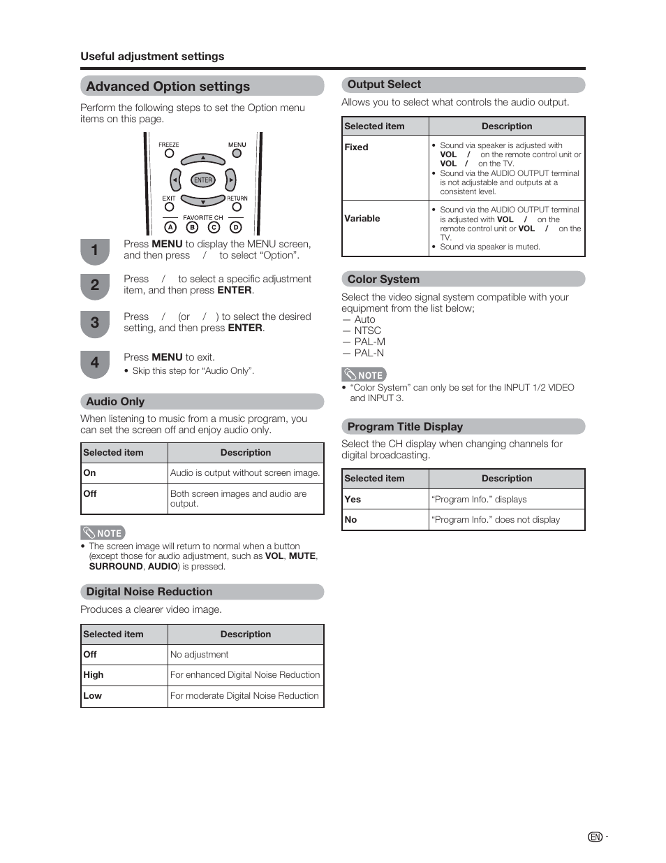 Advanced option settings | Sharp Aquos LC 46D62U User Manual | Page 36 / 56
