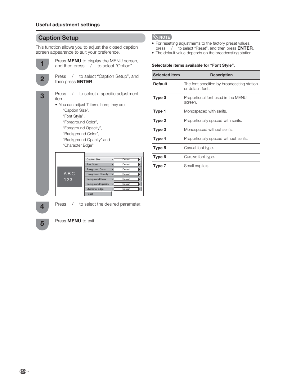 Caption setup | Sharp Aquos LC 46D62U User Manual | Page 39 / 56