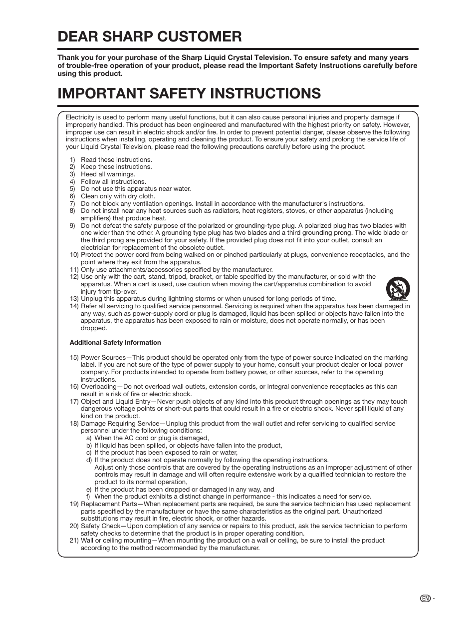 Dear sharp customer, Important safety instructions | Sharp Aquos LC 46D62U User Manual | Page 4 / 56