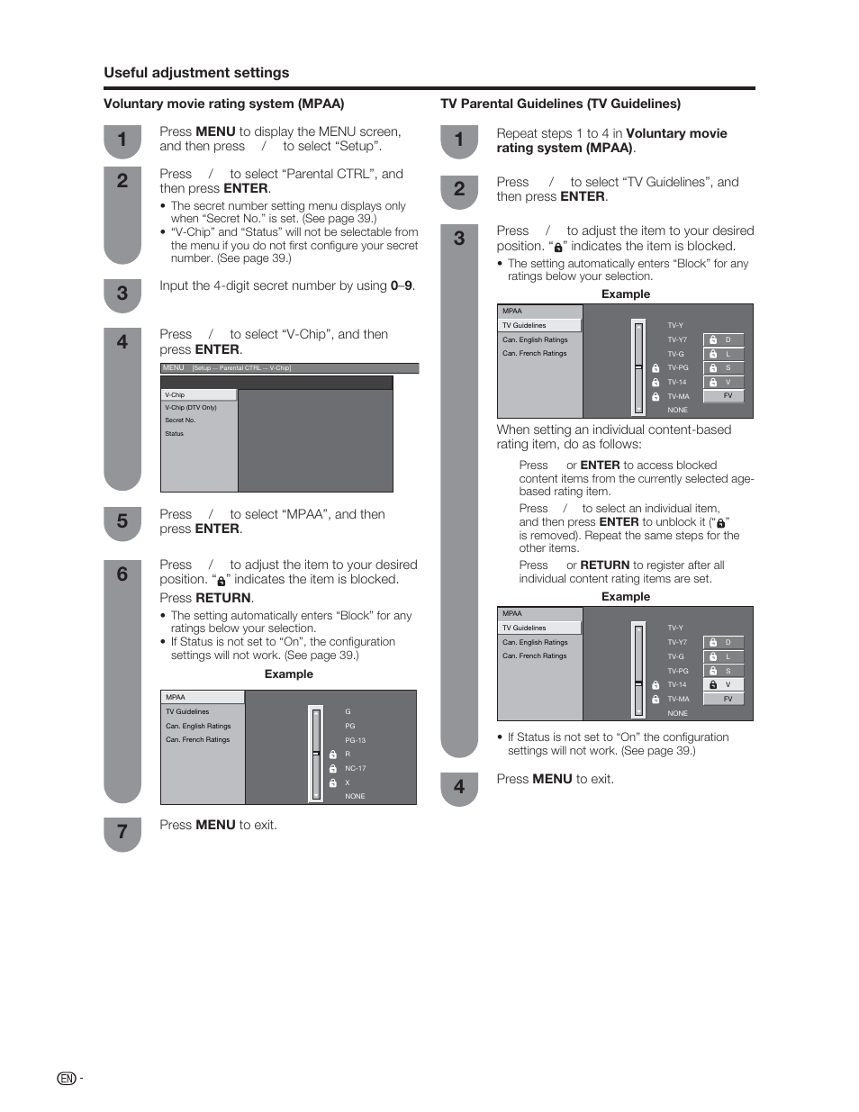 Useful adjustment settings | Sharp Aquos LC 46D62U User Manual | Page 43 / 56