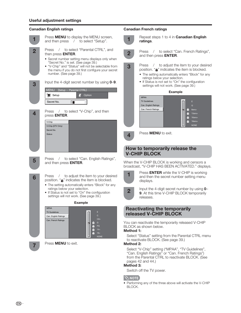 How to temporarily release the v-chip block, Reactivating the temporarily released v-chip block | Sharp Aquos LC 46D62U User Manual | Page 45 / 56