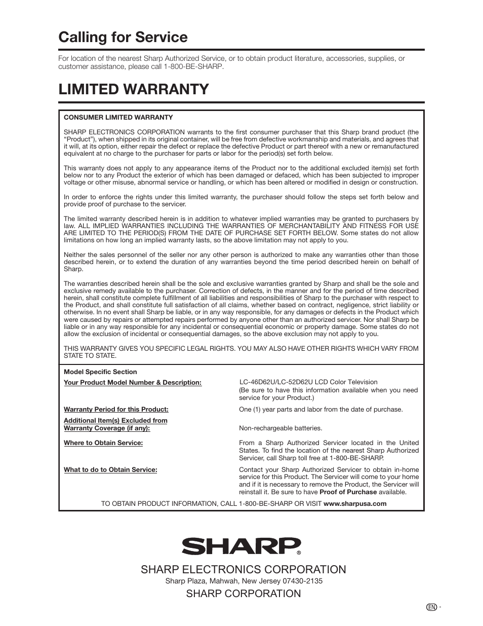 Calling for service limited warranty, Sharp electronics corporation, Sharp corporation | Sharp Aquos LC 46D62U User Manual | Page 54 / 56