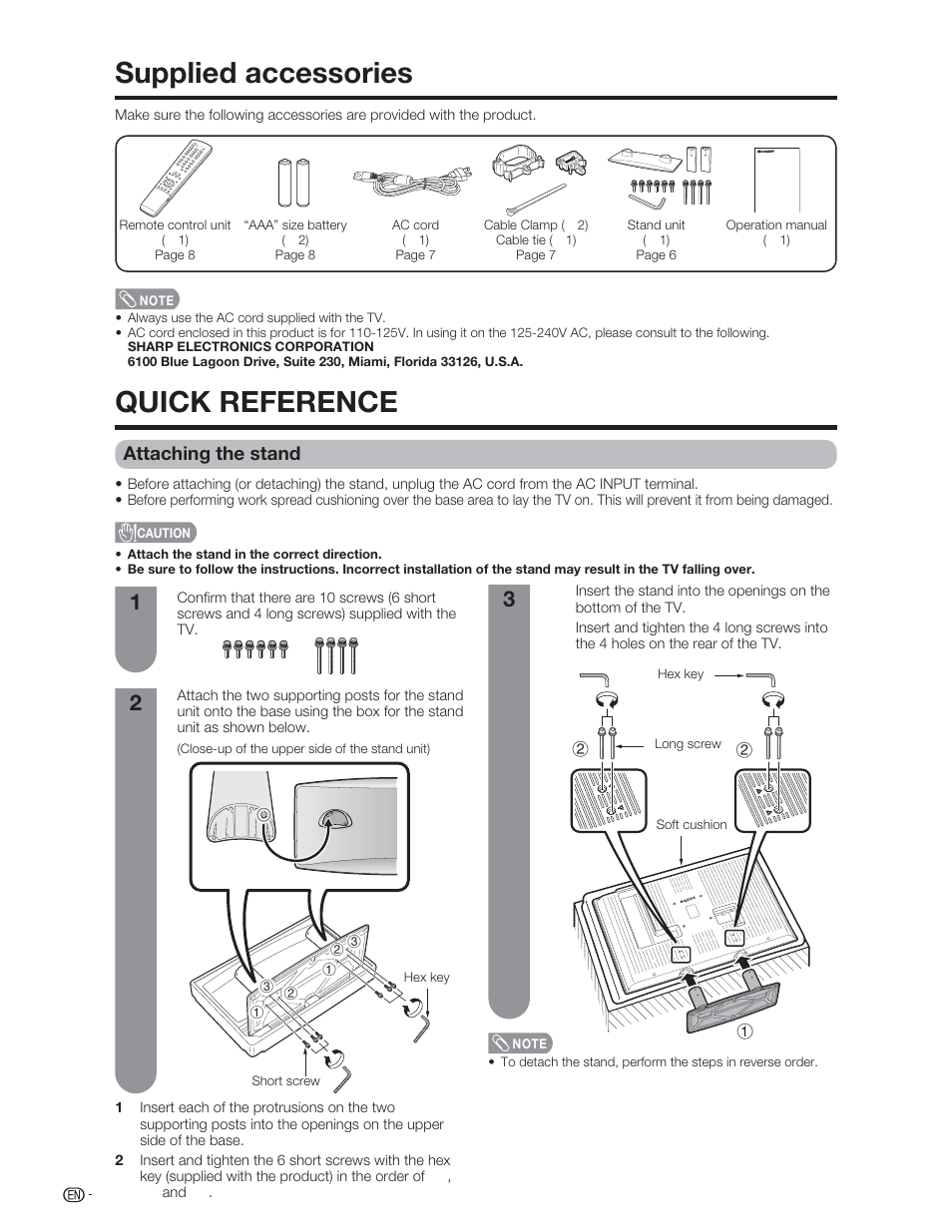 Supplied accessories, Quick reference, Attaching the stand | Sharp Aquos LC 46D62U User Manual | Page 7 / 56