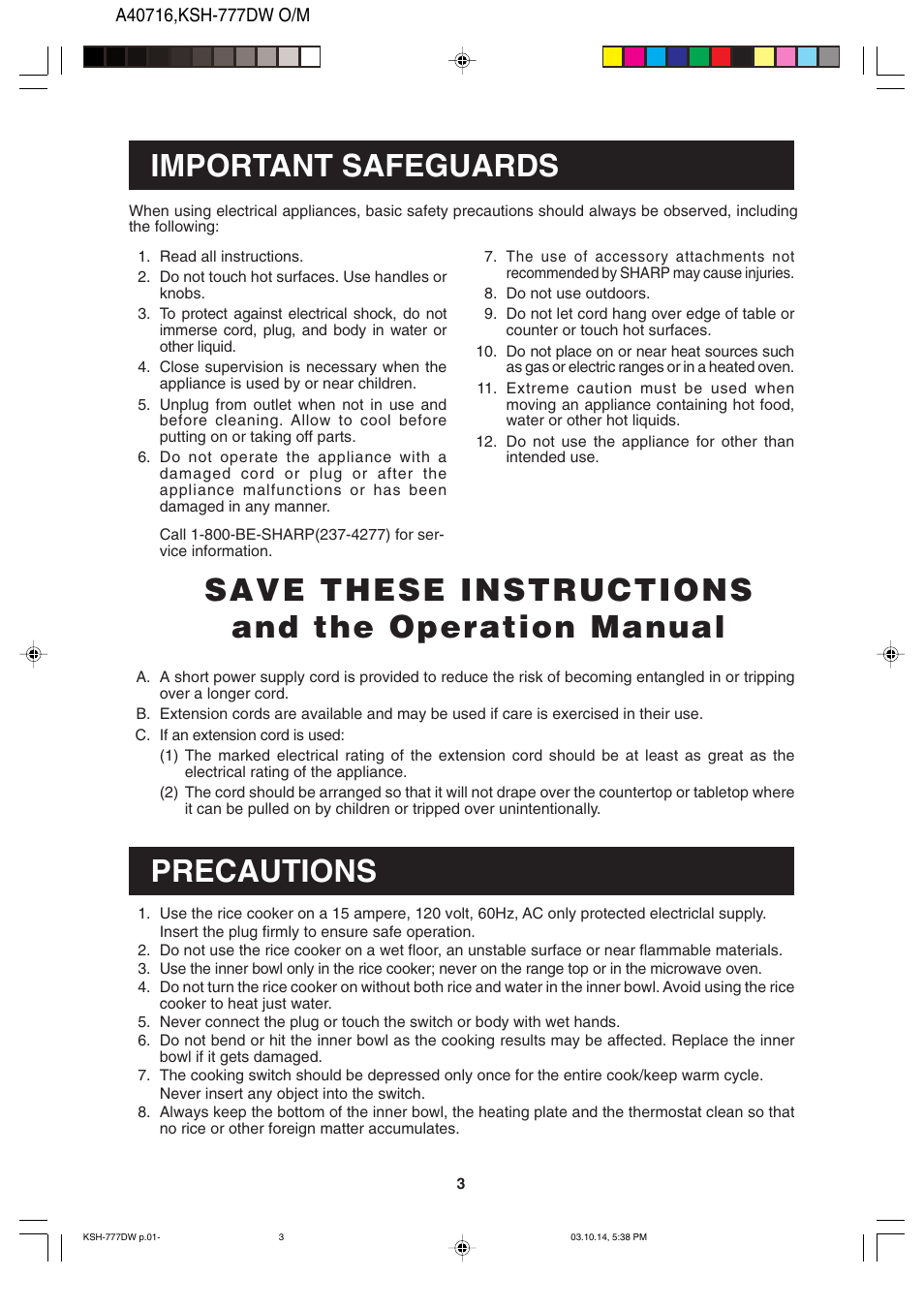 Save these instructions and the operation manual, Important safeguards, Precautions | Sharp KSH-777DW User Manual | Page 4 / 8