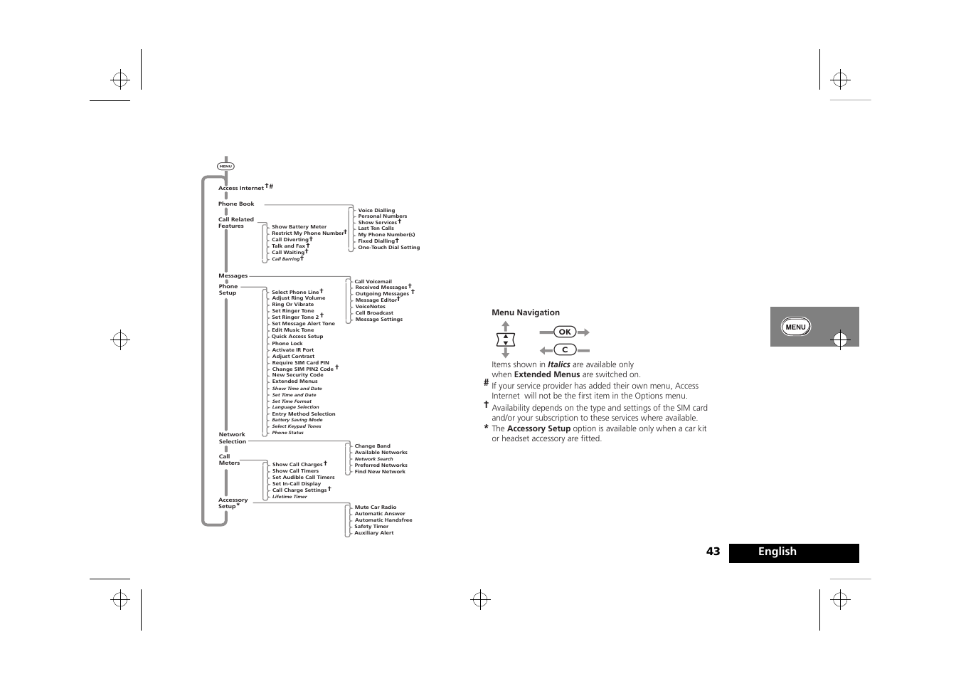 Using the options menu, Using the options menu 43 english | Motorola Timeport 260 User Manual | Page 45 / 108