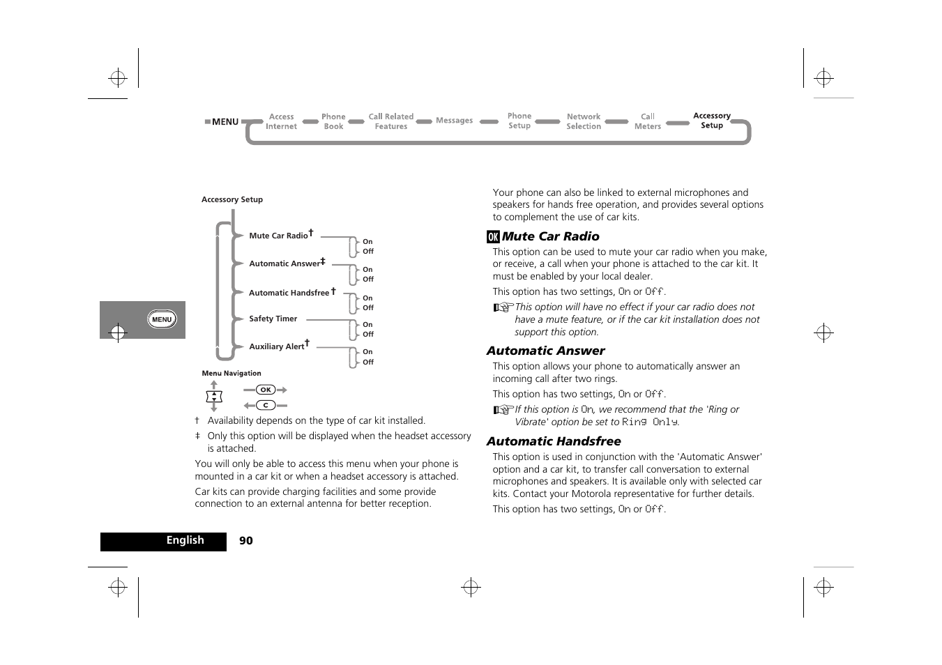 Accessory setup menu | Motorola Timeport 260 User Manual | Page 92 / 108