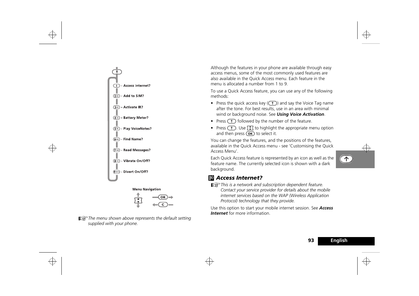 Using the quick access menu | Motorola Timeport 260 User Manual | Page 95 / 108