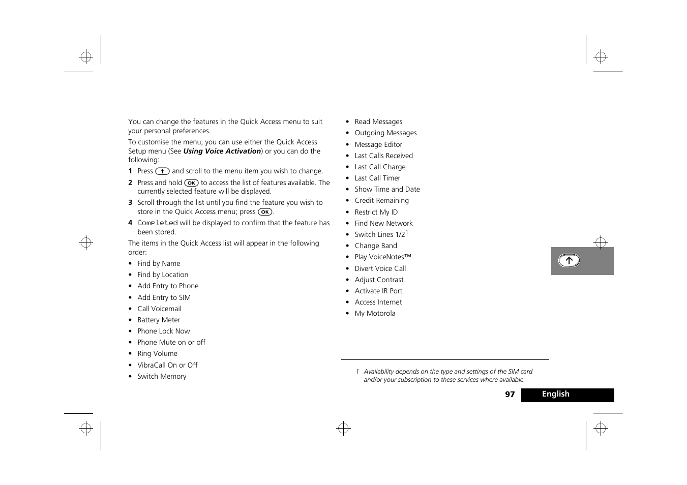 Customising the quick access menu | Motorola Timeport 260 User Manual | Page 99 / 108
