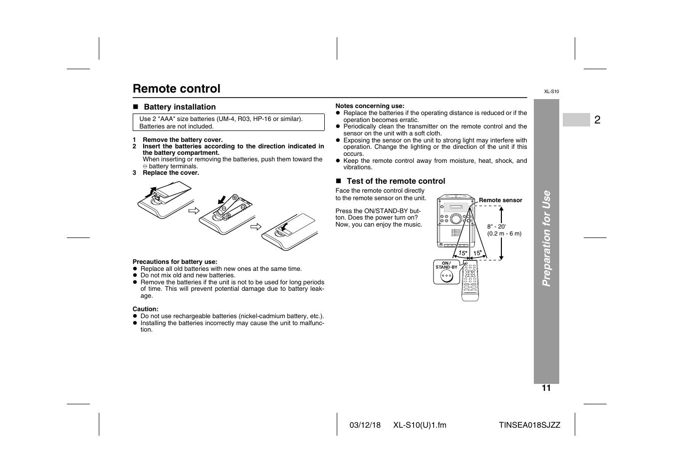 Remote control, Pre p aration for use | Sharp XL-S10 User Manual | Page 11 / 31