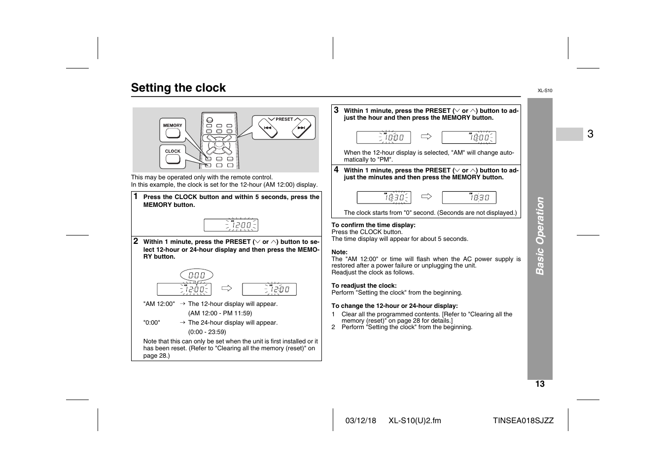 Setting the clock, Ba sic ope ration | Sharp XL-S10 User Manual | Page 13 / 31