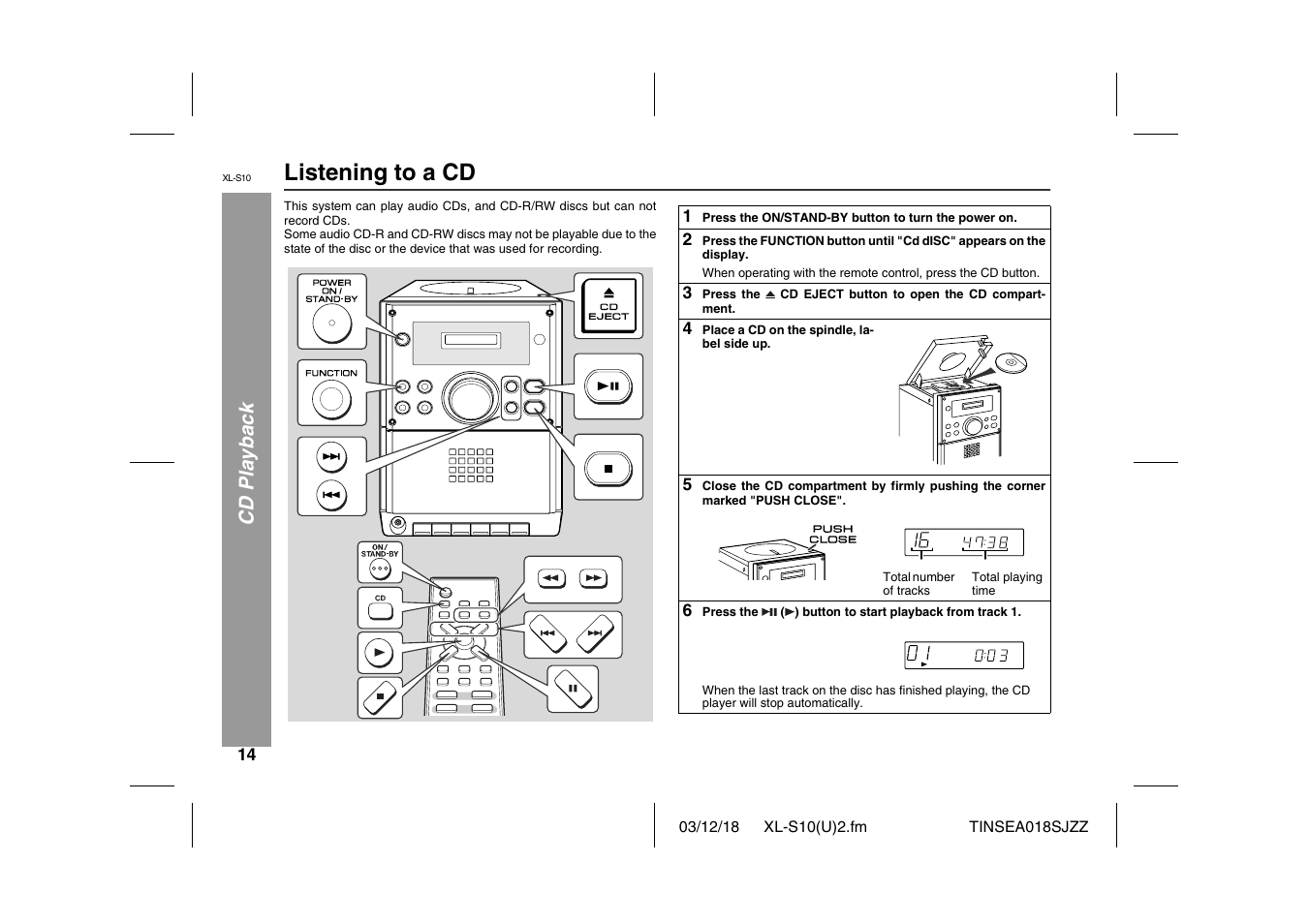 Listening to a cd | Sharp XL-S10 User Manual | Page 14 / 31