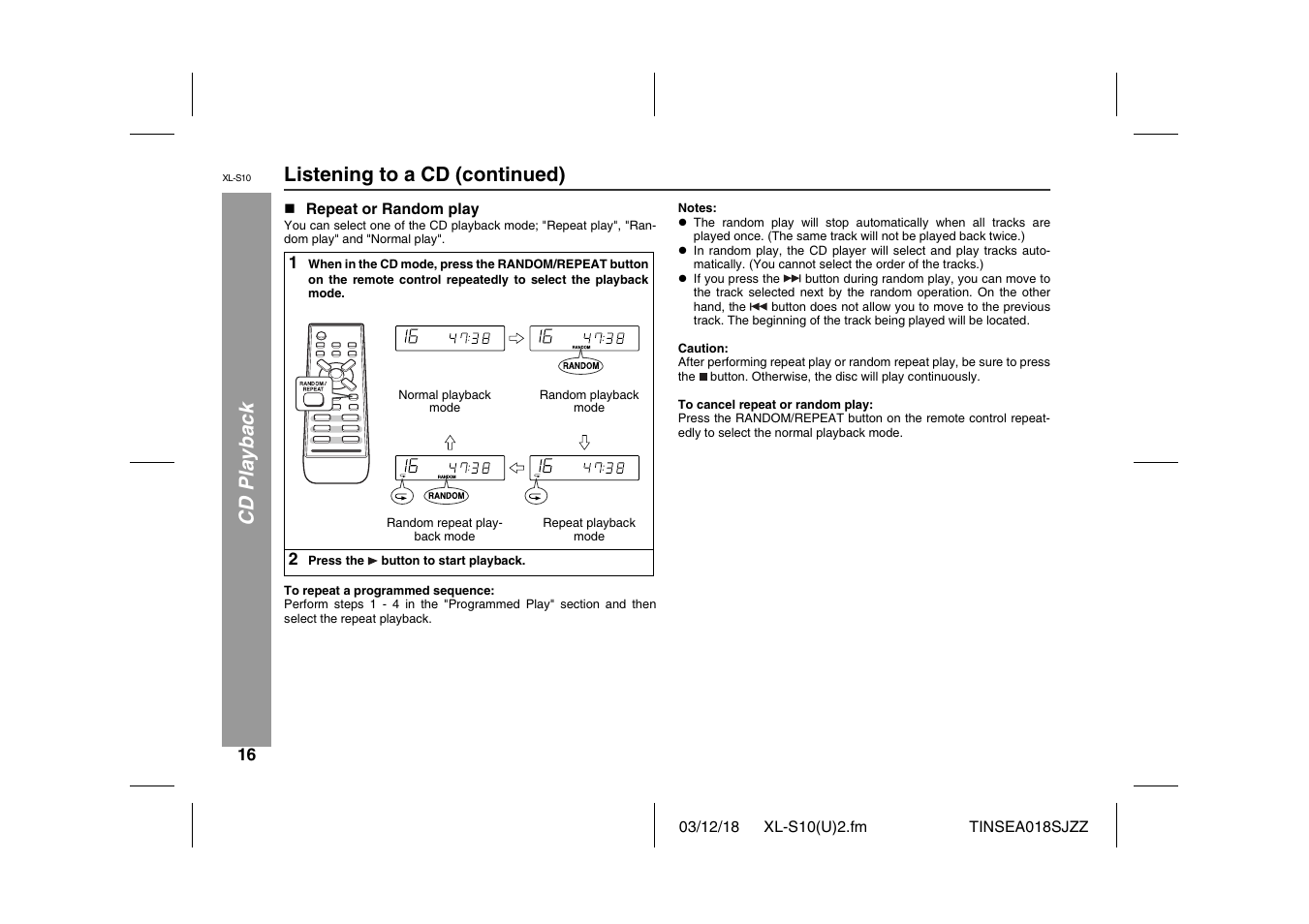 Cd playb ack listening to a cd (continued) | Sharp XL-S10 User Manual | Page 16 / 31