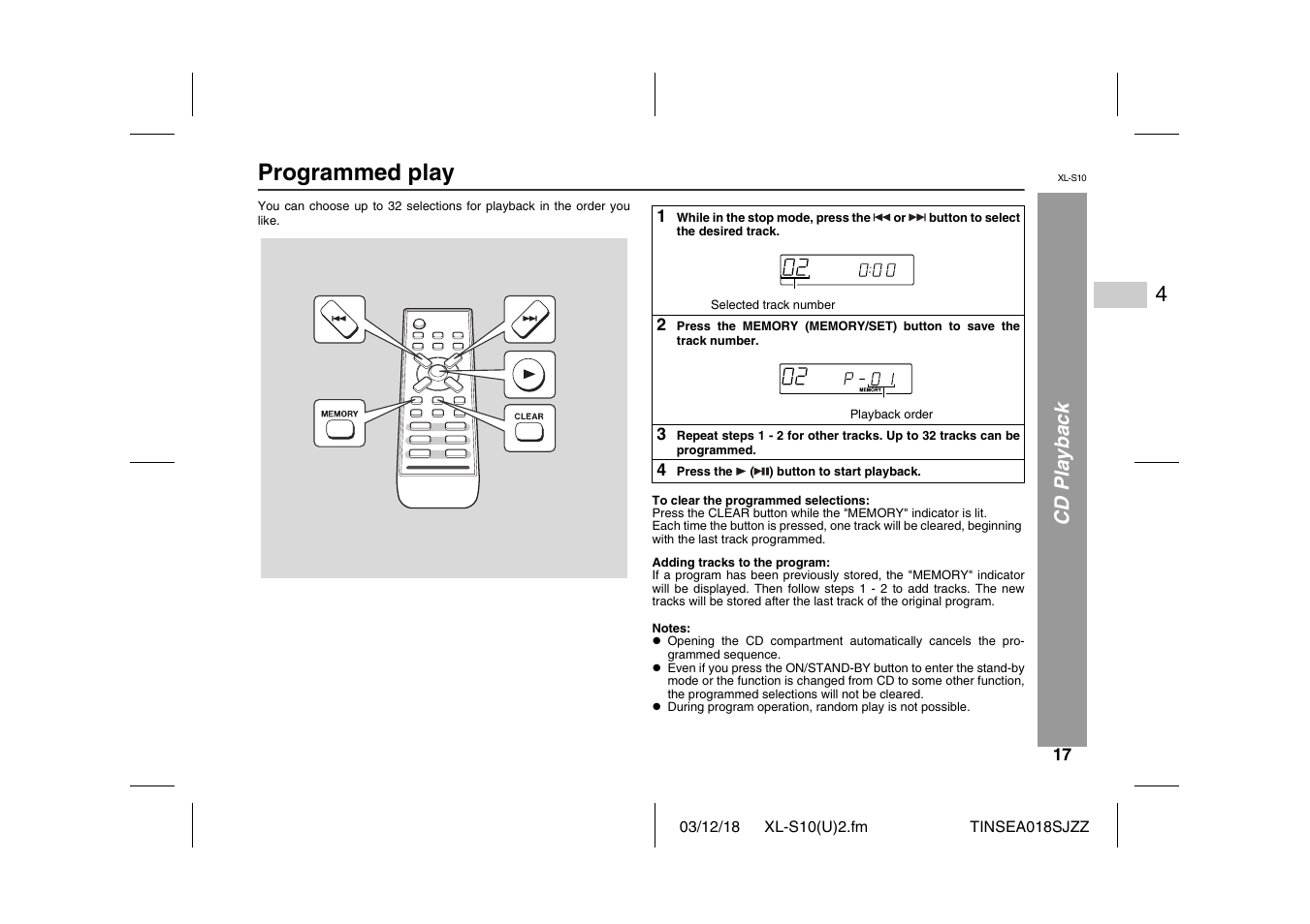 Programmed play, Cd playb ack | Sharp XL-S10 User Manual | Page 17 / 31