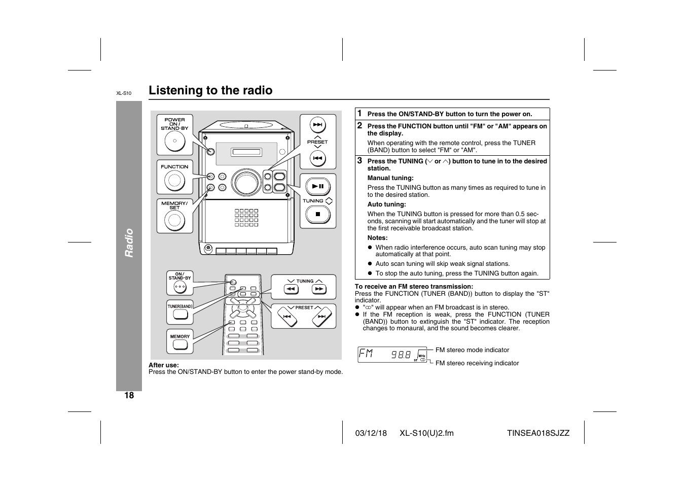 Listening to the radio, Radio | Sharp XL-S10 User Manual | Page 18 / 31