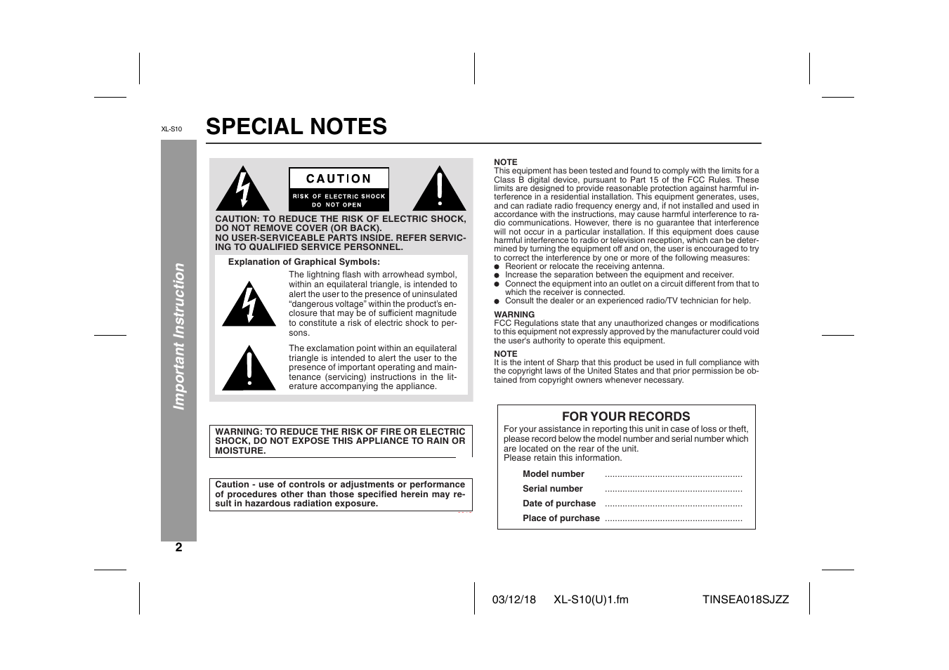 Imp o rtant ins truction | Sharp XL-S10 User Manual | Page 2 / 31