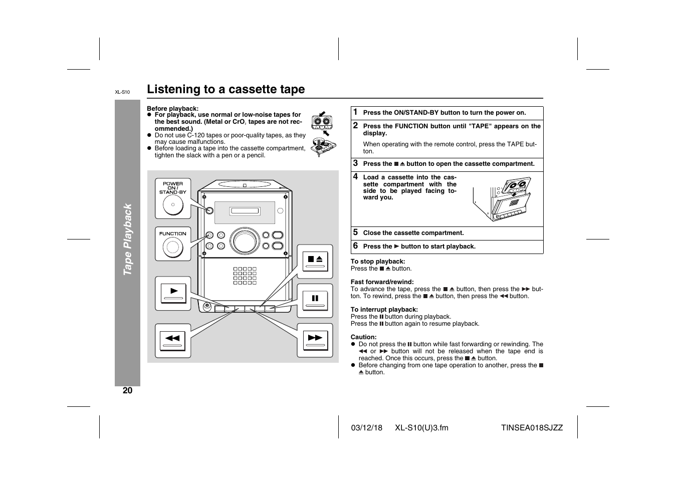 Listening to a cassette tape, Ta pe play back | Sharp XL-S10 User Manual | Page 20 / 31