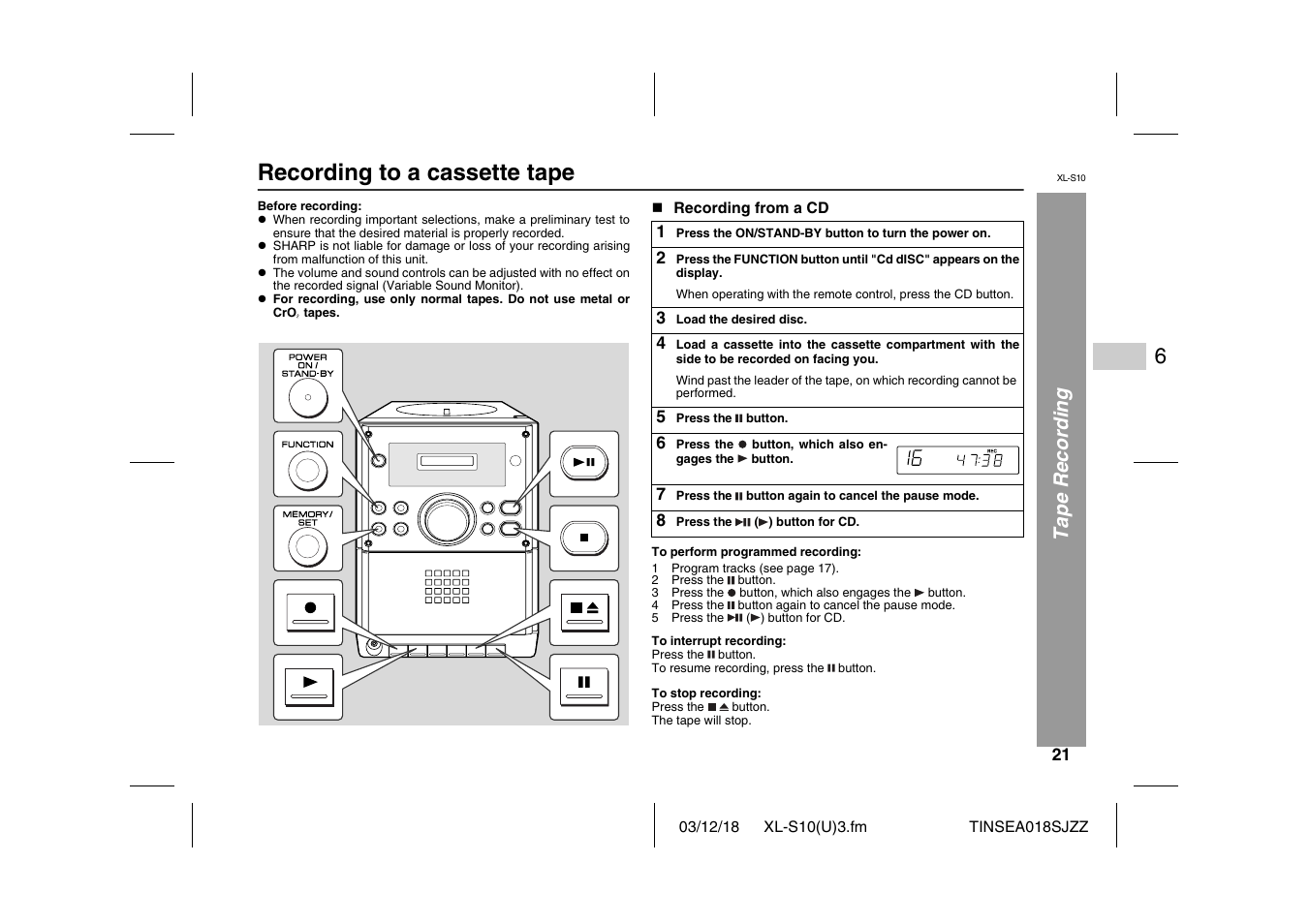 Recording to a cassette tape, Ta pe rec o rding | Sharp XL-S10 User Manual | Page 21 / 31