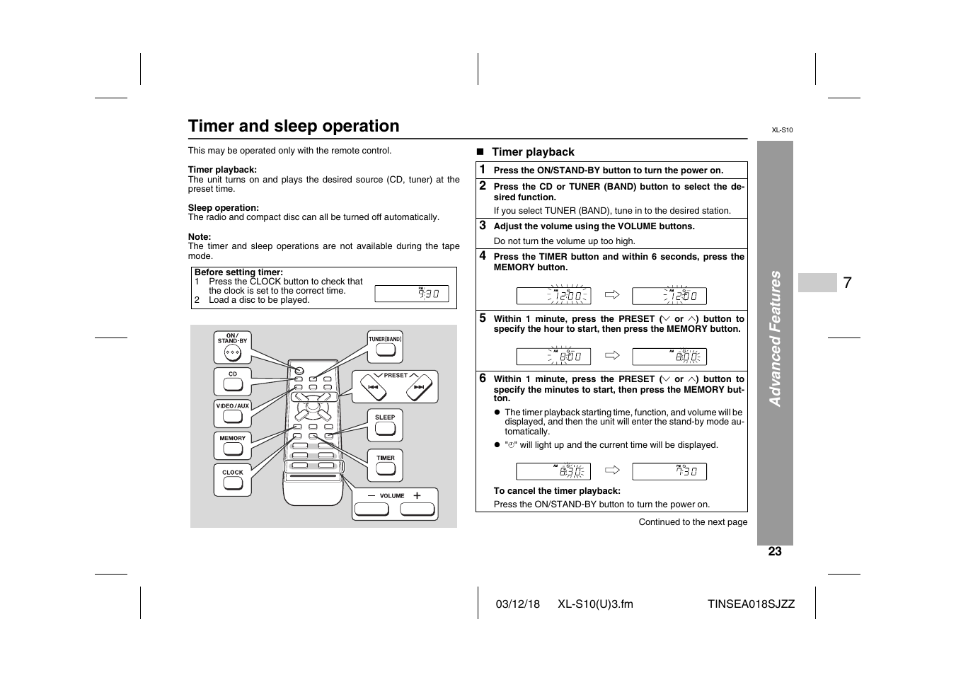 Timer and sleep operation, Adv a nced f eatures | Sharp XL-S10 User Manual | Page 23 / 31