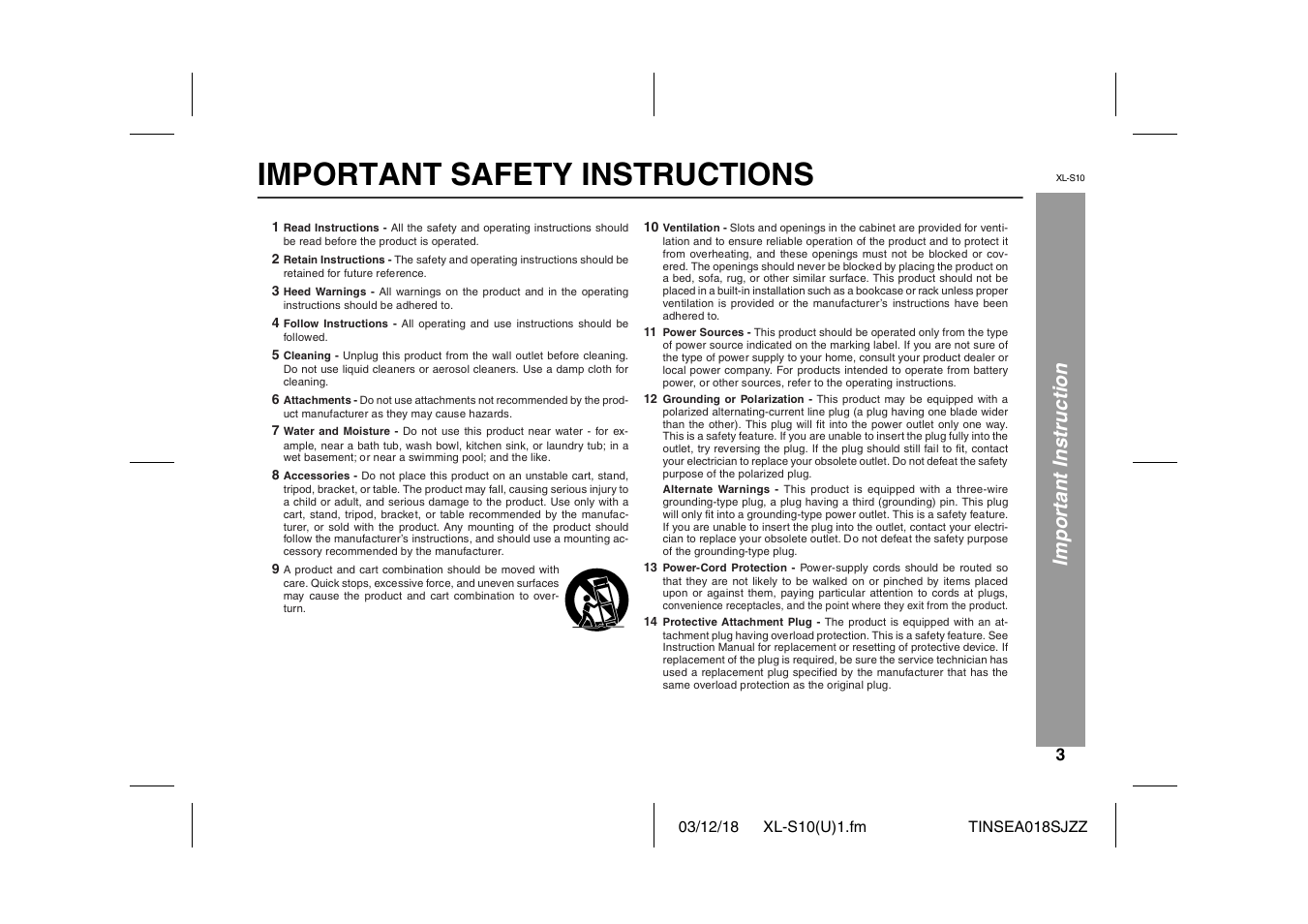 Important safety instructions, Imp o rtant ins truction | Sharp XL-S10 User Manual | Page 3 / 31